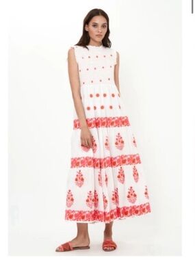 Oliphant Calistoga Coral White Polka Dot Smocked Embroidered Maxi Dress XXS